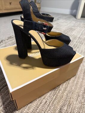 MICHAEL Michael Kors Blue Denim Platform Block Heel Sandals